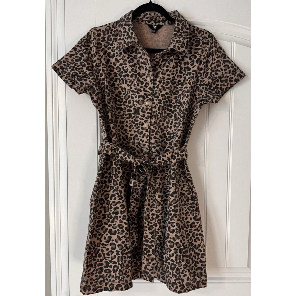 FRYE Womens M Leopard Print Shirt Dress Belted Button Front Cotton Animal Print
